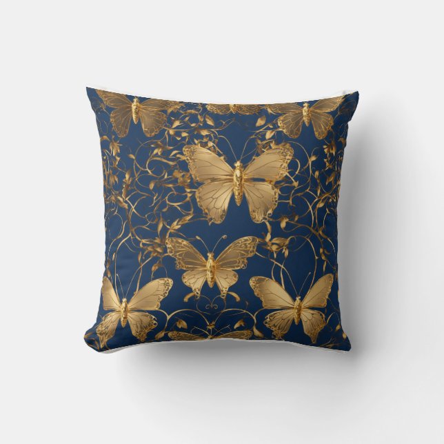 Coussin Papillons bleus métalliques avec Vins d'or (Recto)