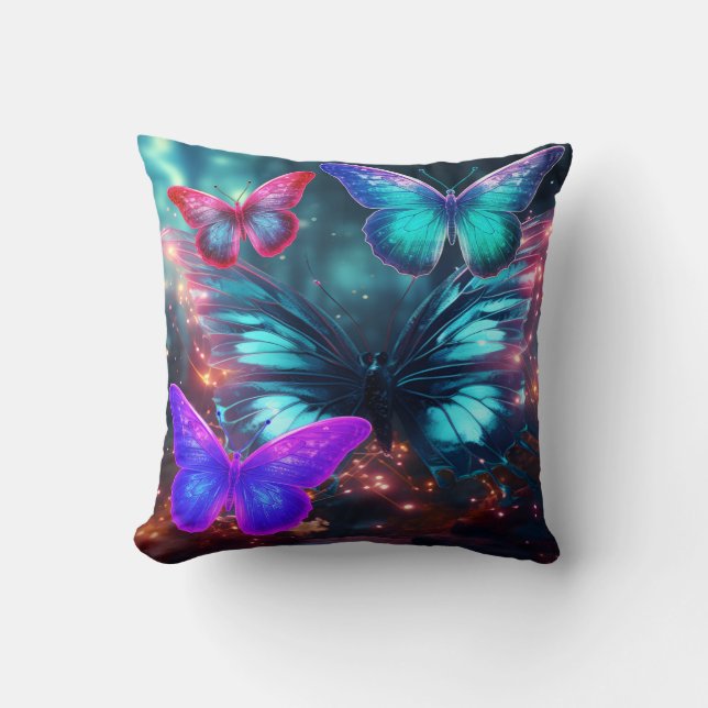 Coussin Papillons Bleus Roses Verts sur un Fauteuil de Sof (Recto)