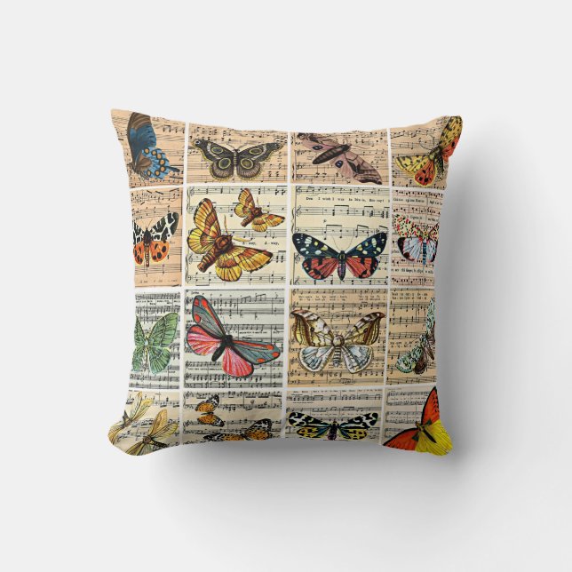 Coussin Papillons bugs Partition Musique Ephémère Vintage  (Recto)