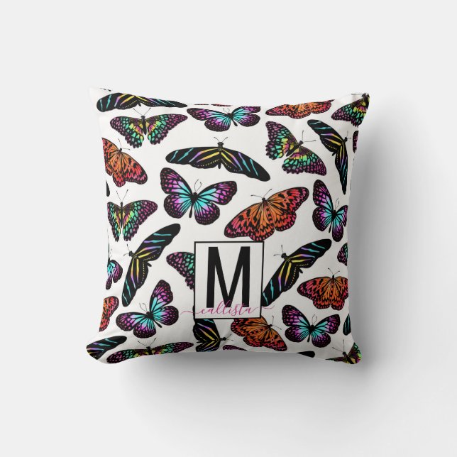 Coussin Papillons colorés Aquarelle Motif Monogramme (Recto)