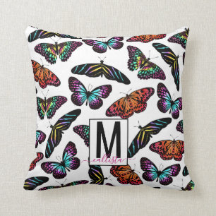 Coussin Papillons colorés Aquarelle Motif Monogramme