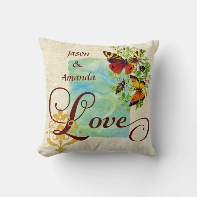 Coussin Papillons d'amour vintages et Damas avec nom (Recto)