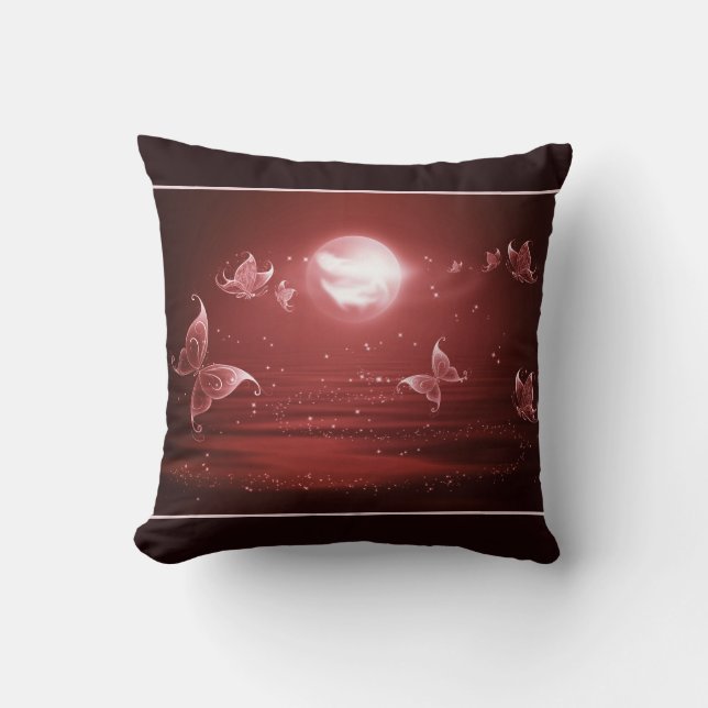 Coussin Papillons dans le clair de lune cramoisi (Recto)