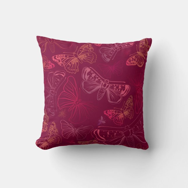 Coussin Papillons dans les teintes de rouge Bourgogne rose (Recto)