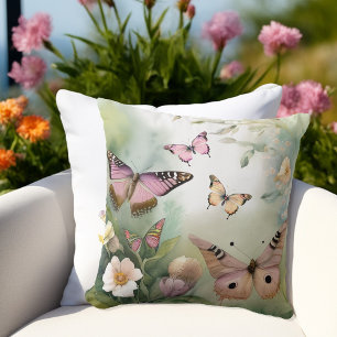 Coussin Papillons de printemps et fleurs Aquarelle