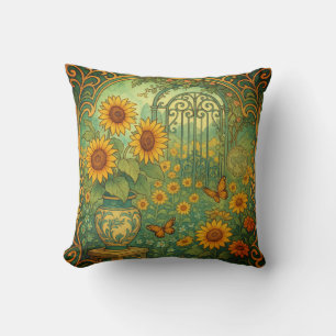 Coussin Papillons du jardin de tournesol vintage Art Nouve
