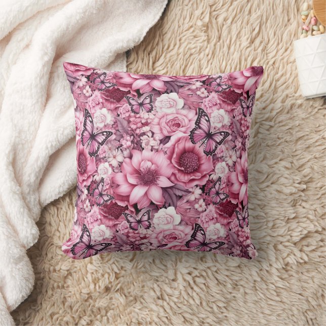 Coussin Papillons et Fleurs dans des tons roses variés (Couverture)