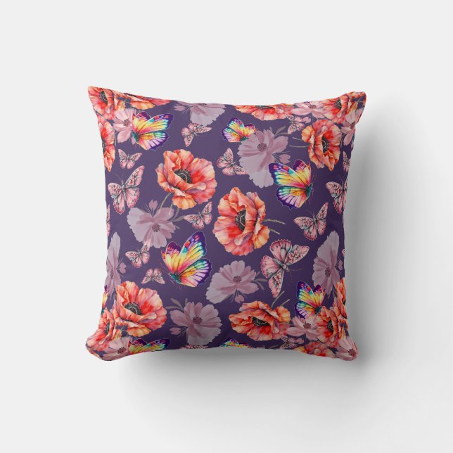 Coussin Papillons et fleurs de pavot (Recto)