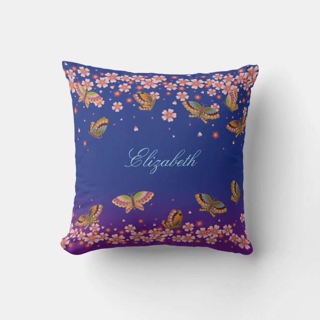 Coussin Papillons et fleurs Sakura Bleu Personnalisé (Recto)