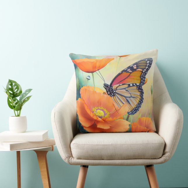 Coussin Papillons et Pavots Orange Botanique (Chaise)