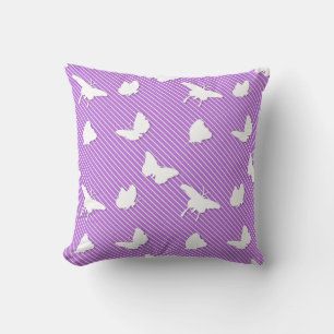 Coussin Papillons et rayures - blanc sur lavande