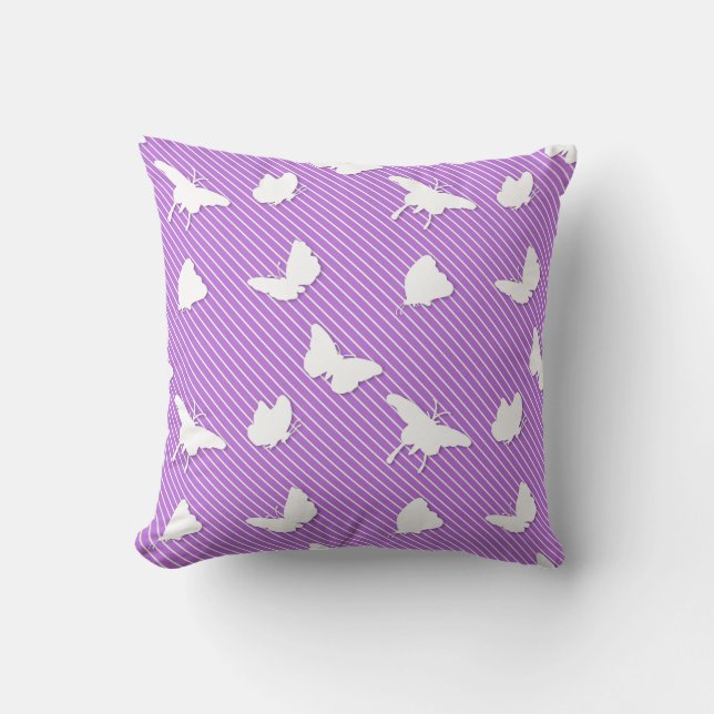Coussin Papillons et rayures - blanc sur lavande (Recto)