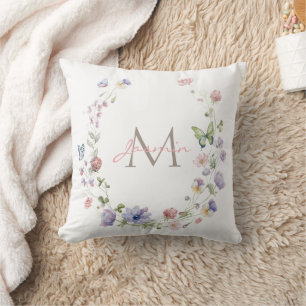 Coussin Papillons fleur sauvage Monogramme rose