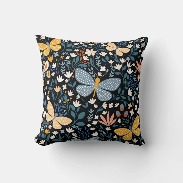 Coussin Papillons Floral : Main Tirée Sans Couture. (Recto)