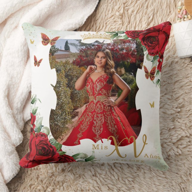 Coussin Papillons Floraux Rouges Photo Quinceañera Memento (Couverture)