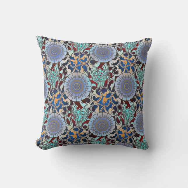 Coussin Papillons japonais Bleu Or Rouge (Recto)