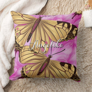 Coussin Papillons jaunes, Fleurs roses Nom personnalisé