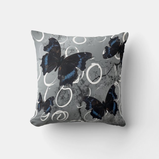 Coussin Papillons noirs et bleus sur fond argenté avec cer (Recto)