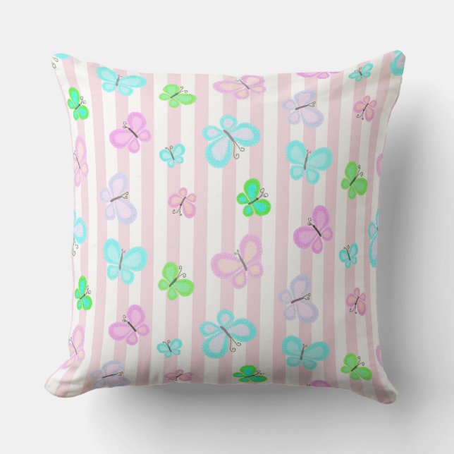 Coussin Papillons pastel quilty sur rayure rose blanc (Recto)