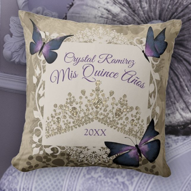 Coussin Papillons pourpres, Taupe Tiara Quinceanera Coussi (lavender plum purple quinceanera pillow vintage beige purple keepsake personalized throw gold tiara)