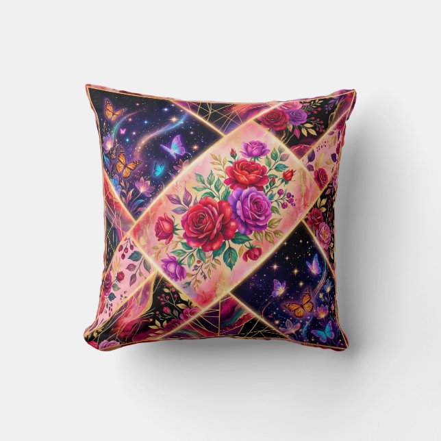 Coussin Papillons, rêves floraux et élégance dorée (Recto)