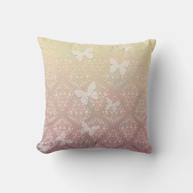 Coussin Papillons rose pastel et jaune motif damassé (Recto)
