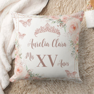Coussin Papillons Roses d'or Quinceañera Blush Floral