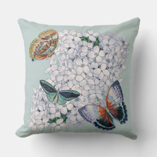 Coussin Papillons sur Hydrangea dans les tons turquoises