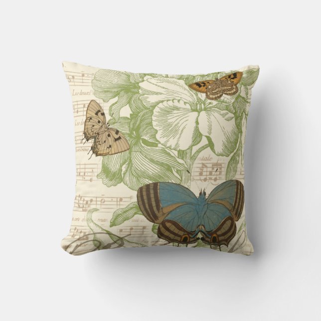 Coussin Papillons sur Partition avec Design Floral (Recto)