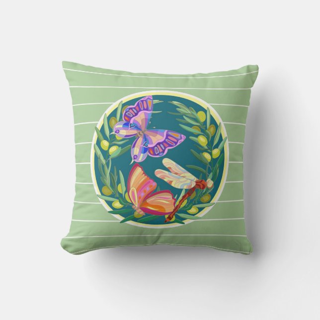 Coussin Papillons, sur sauge pâle vert avec rayures blanch (Recto)