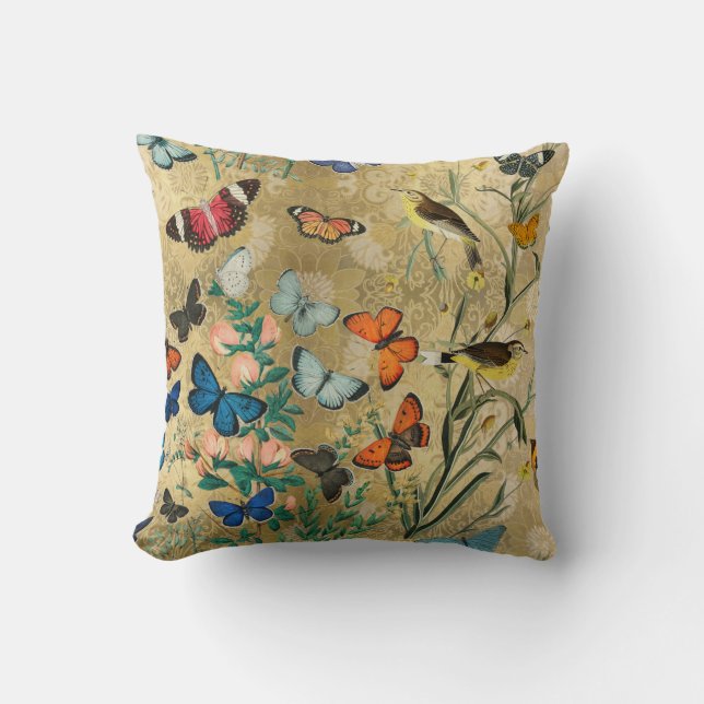 Coussin Papillons vintages et oiseaux Botanique (Recto)