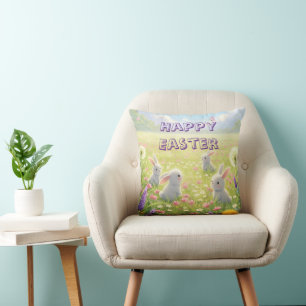 Coussin Pâques Lavande Mignon Lapin Blanc Floral Printemps