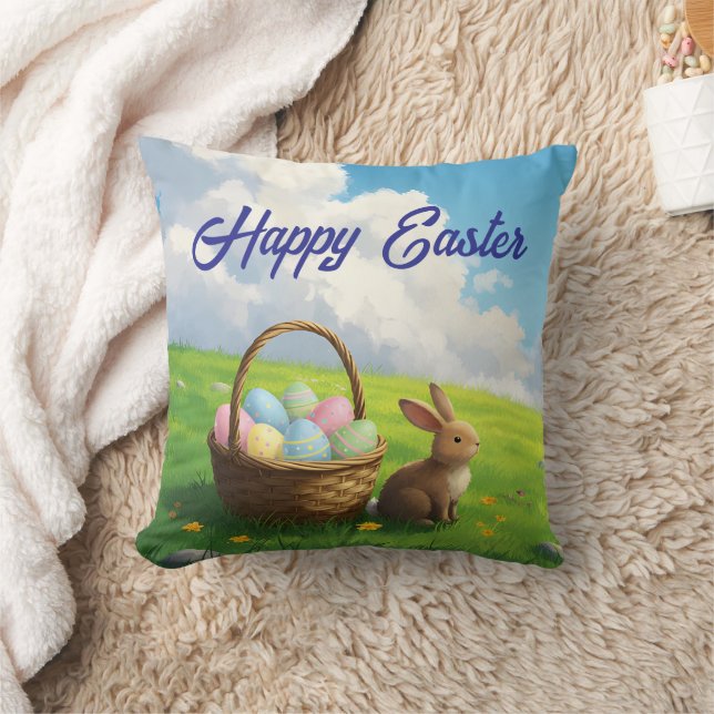 Coussin Pâques paisible, lapin de prairie printanière et p (Couverture)