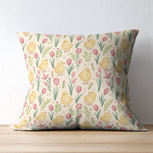 Coussin Pâques vintage poussins jaunes mignons tulipes rou