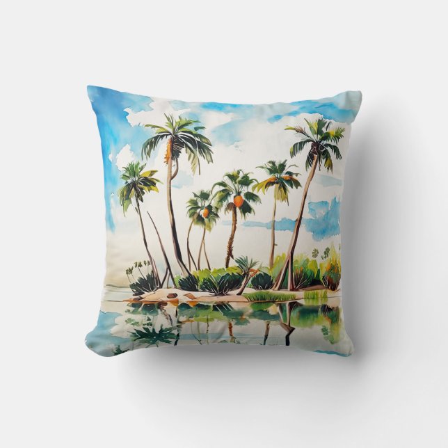 Coussin Paradis des îles des Caraïbes Palmiers à l'aquarel (Recto)