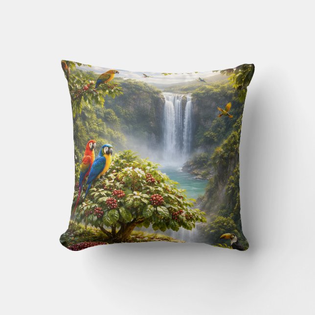 Coussin Paradis du café tropical – Cascade et perroquets (Recto)