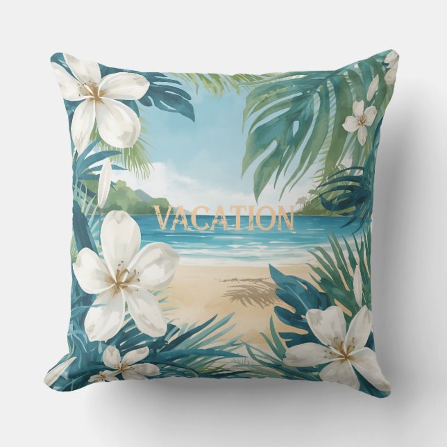 Coussin Paradis Tropical avec motif de fleurs de frangipan (Recto)
