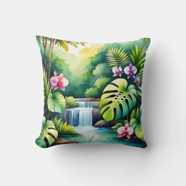 Coussin Paradis tropical de la jungle à cascade et orchidé (Recto)