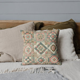 Coussin Parcelle en Patchwork Vert Rose Rustique Rétro Vin