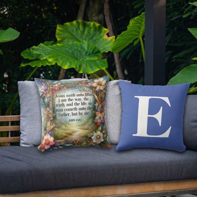 Coussin Parcours de jardin floral Écriture Monogramme bleu (Créateur téléchargé)