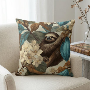 Coussin Paresseux Floral Tropical Brun Sarcelle Botanique 