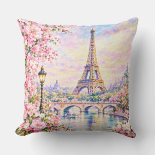 Coussin Paris Aquarelle Tour Eiffel Rose Floral Français