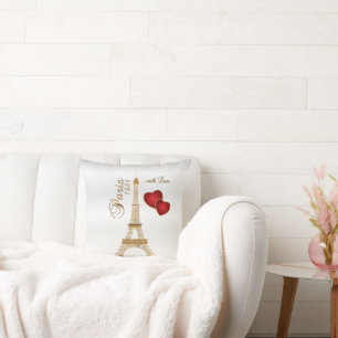 Coussin Paris avec l'amour en métal or & blanc satin