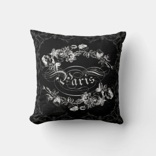 Coussin Paris Calligraphie Fleurs Vintages Noir et Blanc