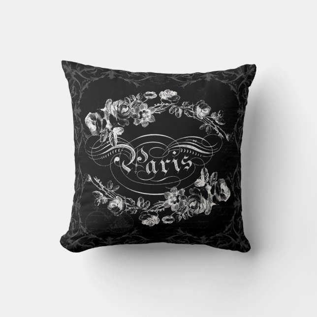 Coussin Paris Calligraphie Fleurs Vintages Noir et Blanc (Recto)