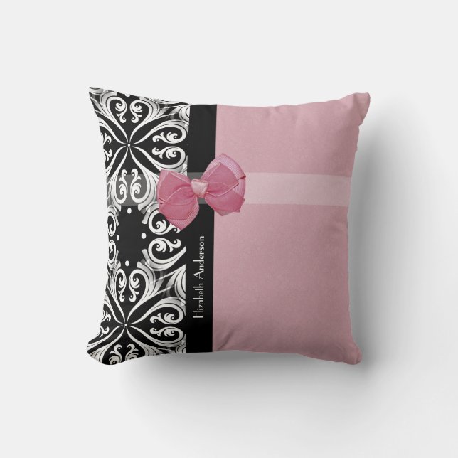 Coussin Paris Damask Pink and Black Chic Bow with Name (Recto)