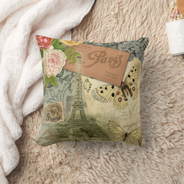 Coussin Paris France Art Antique Collage Eiffel Français (Couverture)