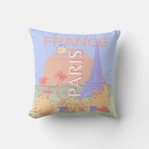 Coussin Paris, France, Art du voyage, Preppy, Pastel, Bleu