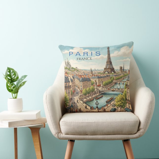Coussin Paris France Voyage Art Rétro (Chaise)