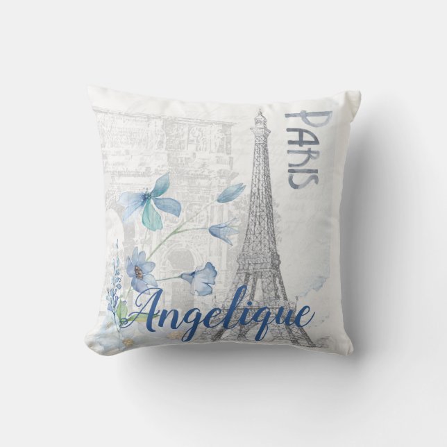 Coussin Paris Scène et Fleurs Bleues Personnalisées (Recto)